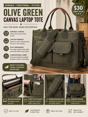 Men's Olive Green Canvas Laptop Tote with Dual Handles and Shoulder Strap